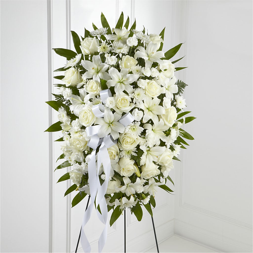Exquisite Tribute Standing Spray-White Ribbon – Floreria Mexico #2, Torrance CA