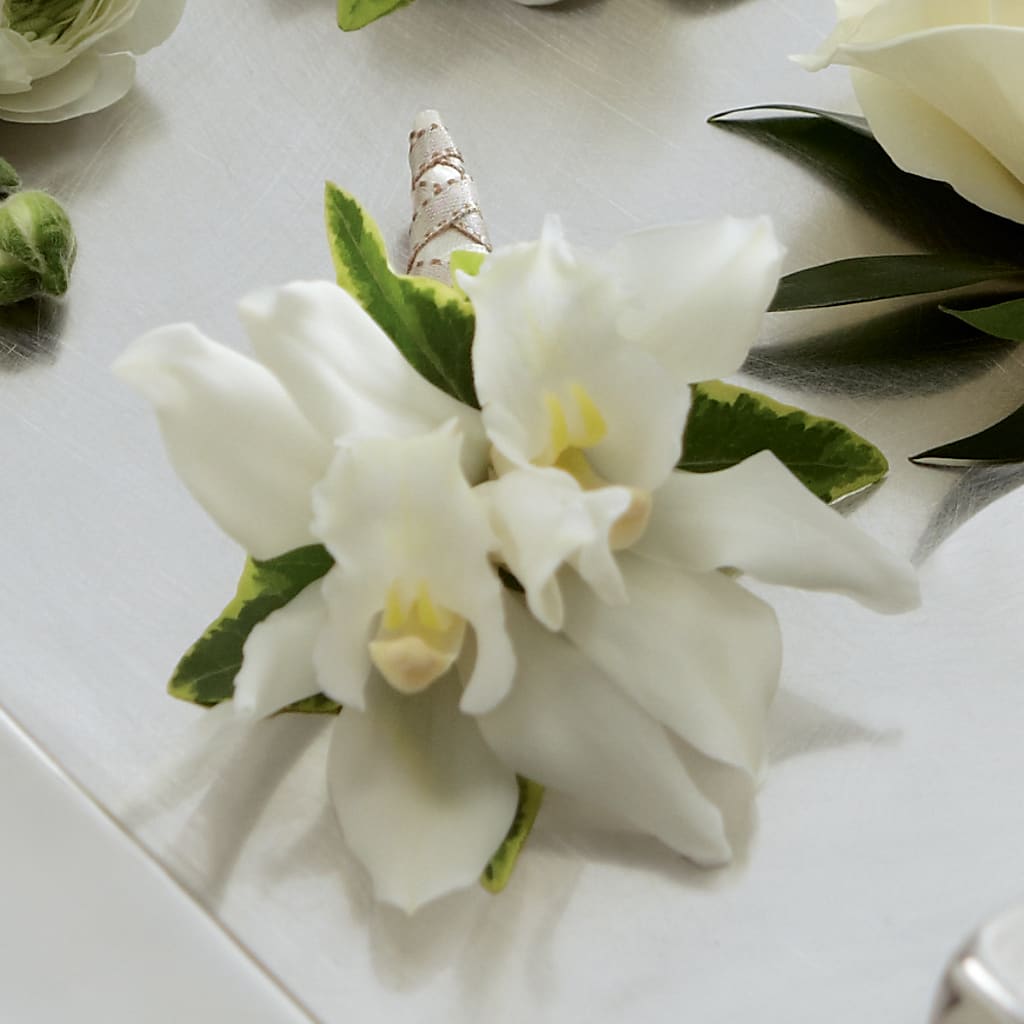 White Mini Cymbidium Boutonniere – Floreria Mexico #2, Torrance CA